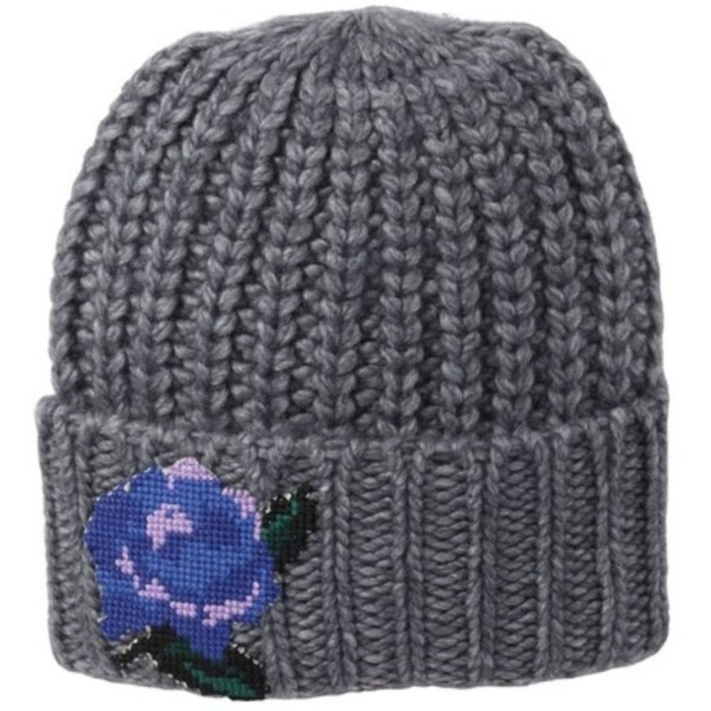 NWT Free People Everything Rosy Embroidered Rose Grey Knit Beanie
